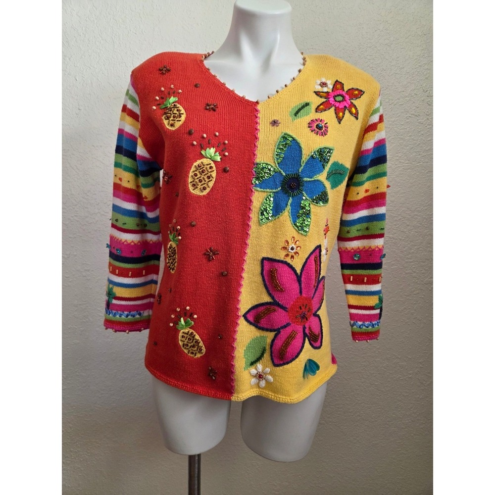 Arriviste Womens Large Vintage Tropical Floral Pineapple Bead Sweater Colorblock
